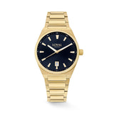 The Loyal Maritima Gold Watch features a black dial, framed by a Gold PVD case, reference 05D47MBA1. This 40mm quartz watch pairs a matching bracelet with a sapphire glass lens and 100m water resistance.