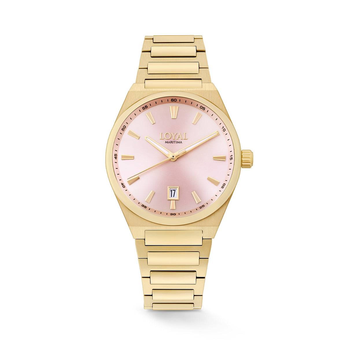 The Loyal Maritima Gold Watch features a pink dial, framed by a Gold PVD case, reference 05D47MBA1. This 40mm quartz watch pairs a matching bracelet with a sapphire glass lens and 100m water resistance.