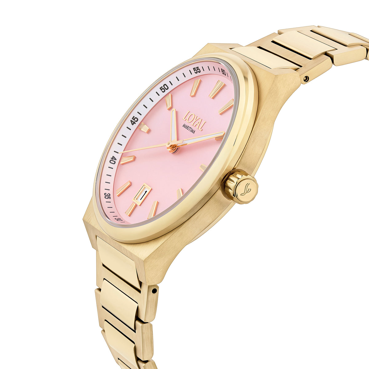 Three-quarter angle view of the Loyal Maritima Gold Watch, reference 05D47MBA1, showing the case profile and bracelet construction. The 40mm case sits comfortably on the wrist, suited to both everyday and active wear.