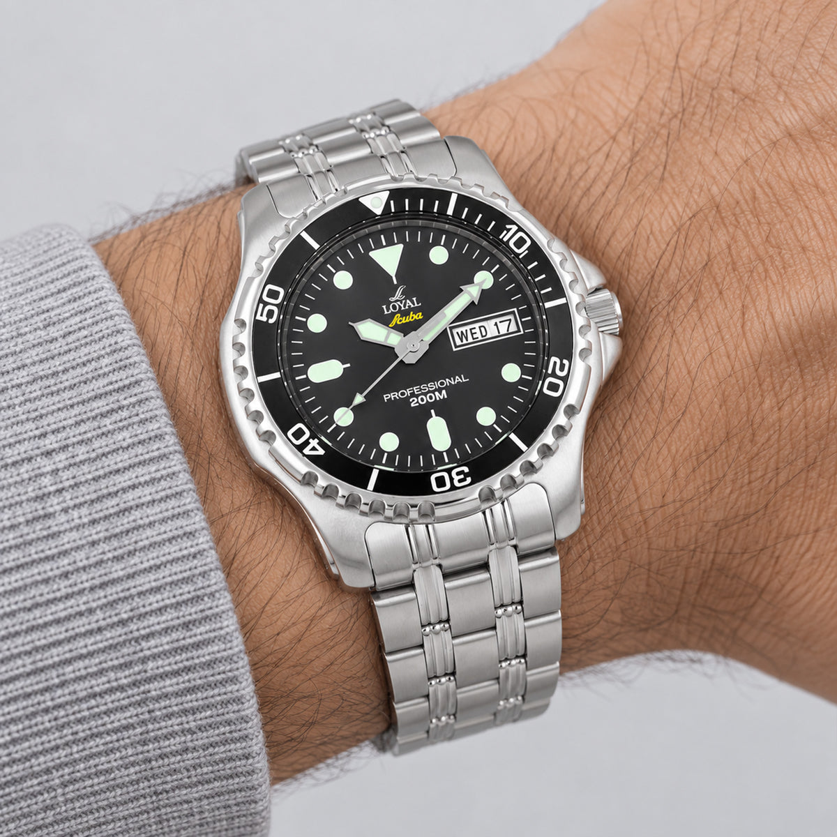 Loyal Scuba Men's Stainless Steel Quartz Watch - silver watch, black dial on wrist