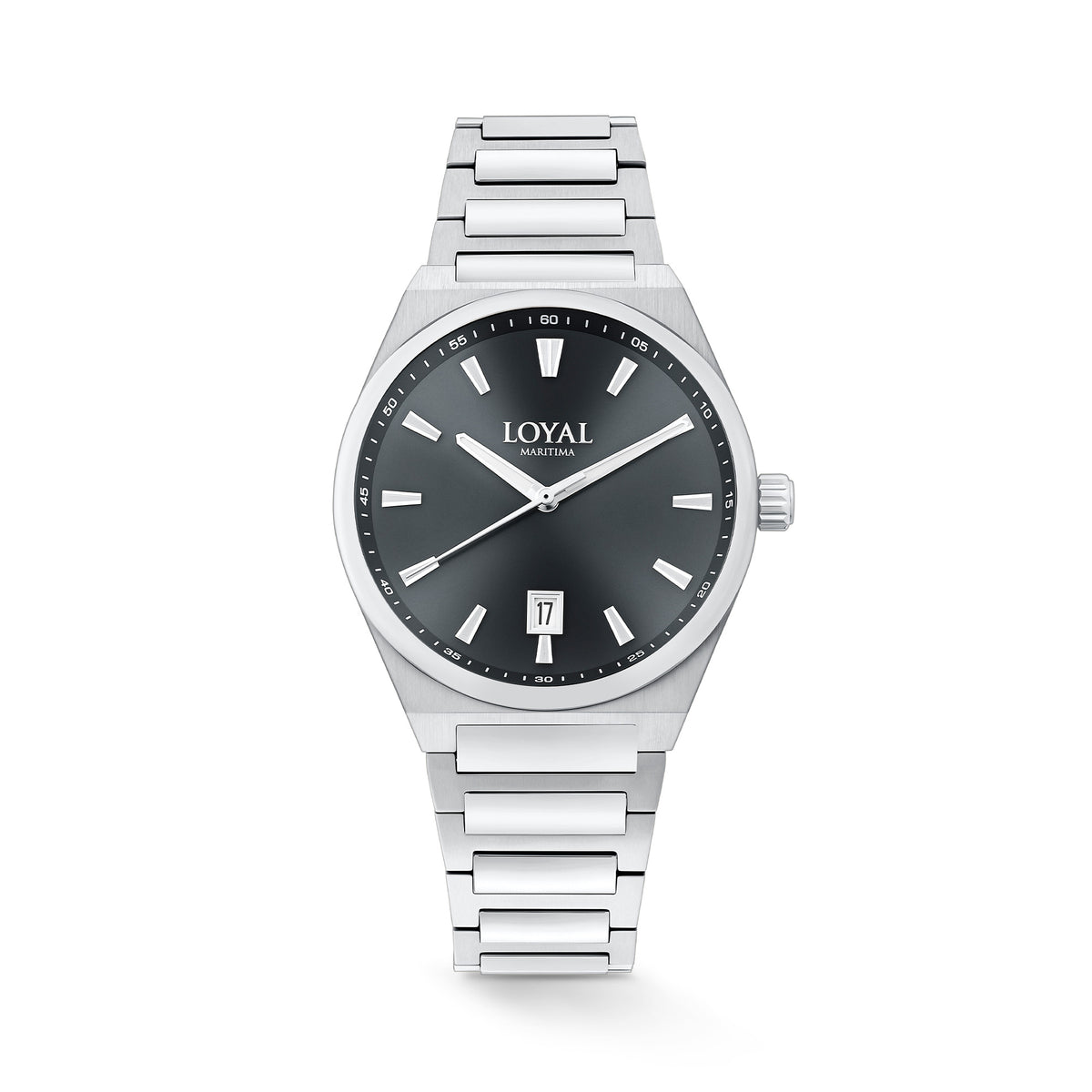The Loyal Maritima Steel Watch features a gunmetal grey sunray dial, framed by a stainless steel case, reference 05D47MBA1. This 40mm quartz watch pairs a stainless steel bracelet with a sapphire glass lens and 100m water resistance.