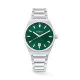 The Loyal Maritima Steel Watch features a green dial, framed by a stainless steel case, reference 05D47MBA1. This 40mm quartz watch pairs a stainless steel bracelet with a sapphire glass lens and 100m water resistance.