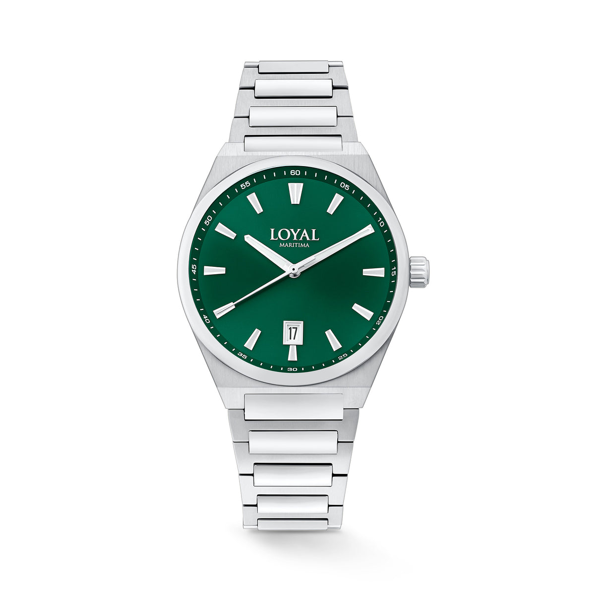 The Loyal Maritima Steel Watch features a green dial, framed by a stainless steel case, reference 05D47MBA1. This 40mm quartz watch pairs a stainless steel bracelet with a sapphire glass lens and 100m water resistance.