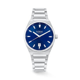 The Loyal Maritima Steel Watch features a blue dial, framed by a stainless steel case, reference 05D47MBA1. This 40mm quartz watch pairs a stainless steel bracelet with a sapphire glass lens and 100m water resistance.