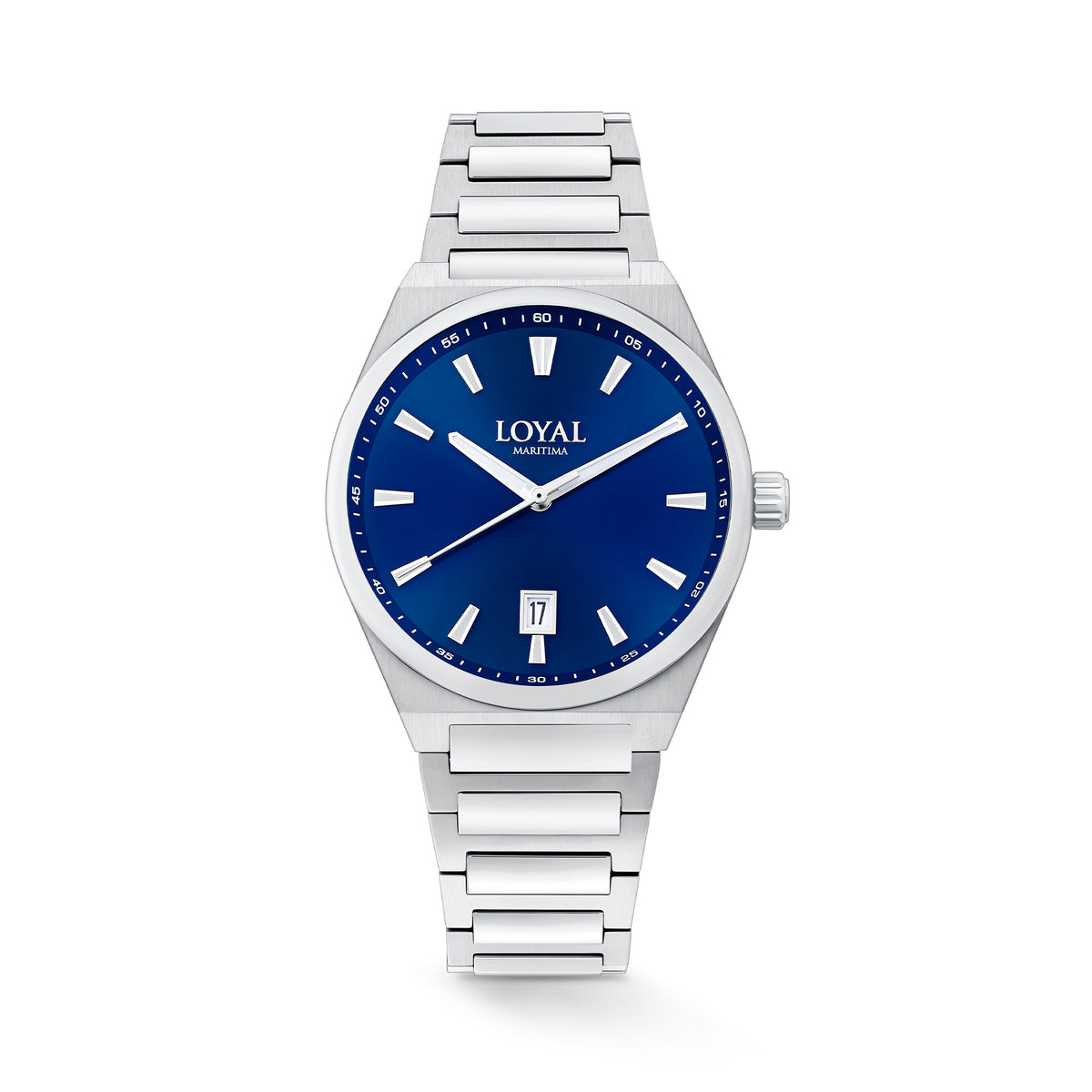 The Loyal Maritima Steel Watch features a blue dial, framed by a stainless steel case, reference 05D47MBA1. This 40mm quartz watch pairs a stainless steel bracelet with a sapphire glass lens and 100m water resistance.