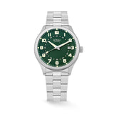 The Loyal Adventurer Field Watch features a green dial with luminous hands and markers, framed by a stainless steel case, reference 05C97MBA1. This 40mm quartz watch pairs a stainless steel bracelet with a single-domed sapphire crystal and 100m water resistance.