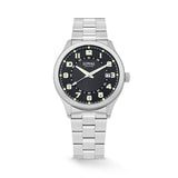 The Loyal Adventurer Field Watch features a black dial with luminous hands and markers, framed by a stainless steel case, reference 05C97MBA1. This 40mm quartz watch pairs a stainless steel bracelet with a single-domed sapphire crystal and 100m water resistance.