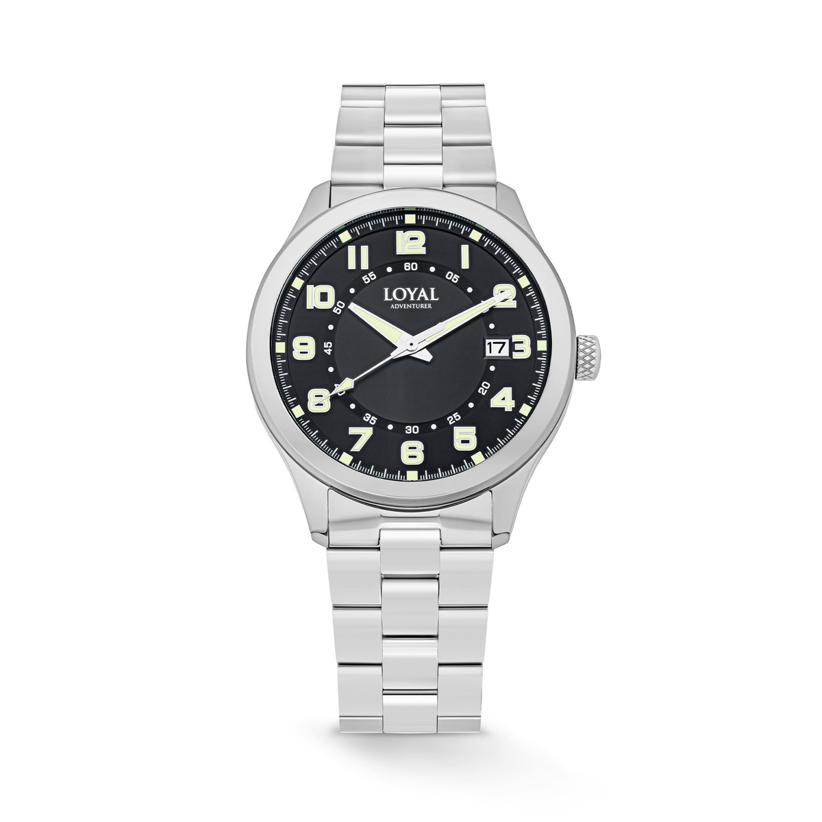 The Loyal Adventurer Field Watch features a black dial with luminous hands and markers, framed by a stainless steel case, reference 05C97MBA1. This 40mm quartz watch pairs a stainless steel bracelet with a single-domed sapphire crystal and 100m water resistance.
