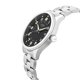 Three-quarter angle view of the Loyal Adventurer Field Watch, reference 05C97MBA1, showing the case profile and stainless steel bracelet construction. The 40mm case and domed crystal are visible from this angle, alongside the bonus NATO strap included with this set.