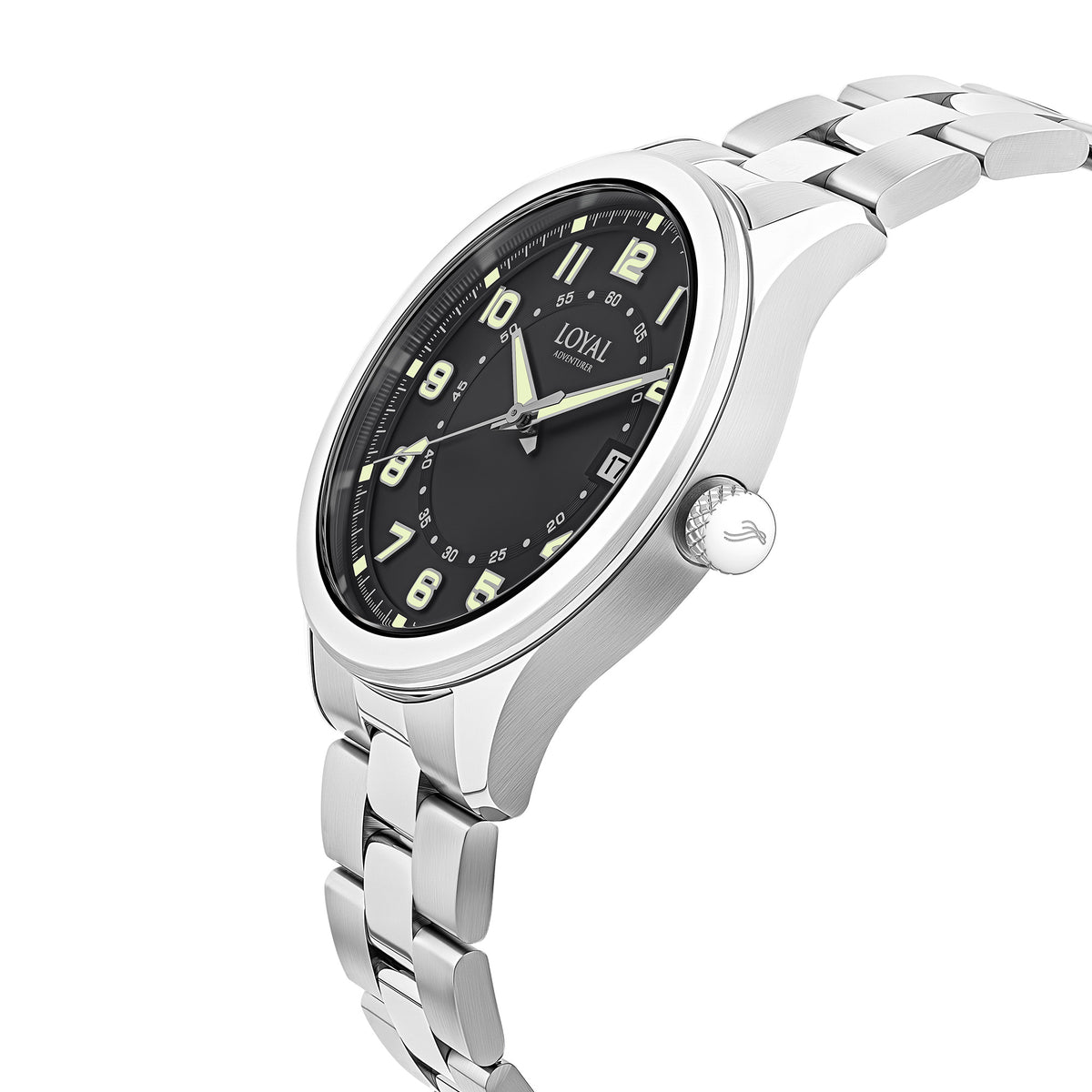 Three-quarter angle view of the Loyal Adventurer Field Watch, reference 05C97MBA1, showing the case profile and stainless steel bracelet construction. The 40mm case and domed crystal are visible from this angle, alongside the bonus NATO strap included with this set.