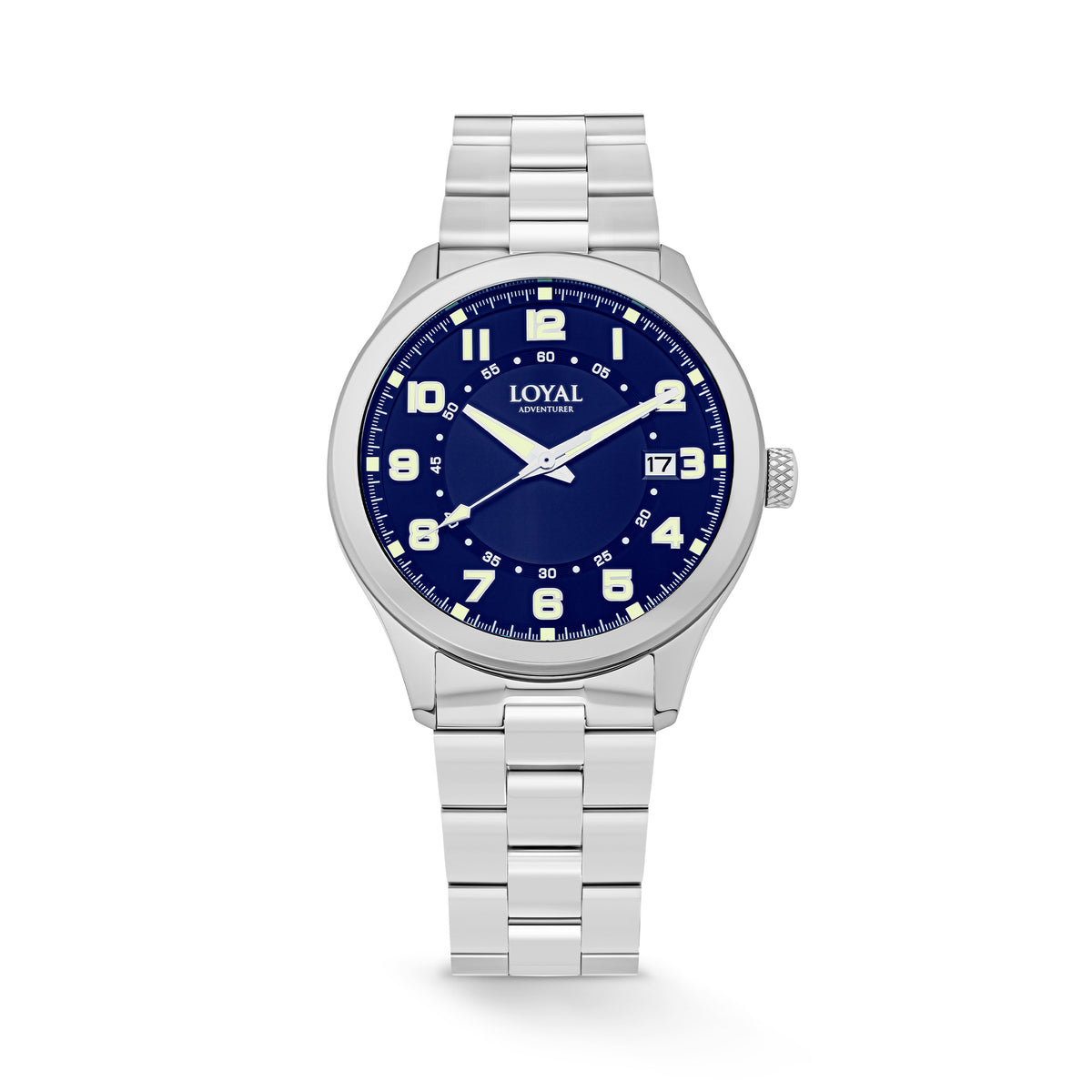 The Loyal Adventurer Field Watch features a blue dial with luminous hands and markers, framed by a stainless steel case, reference 05C97MBA1. This 40mm quartz watch pairs a stainless steel bracelet with a single-domed sapphire crystal and 100m water resistance.