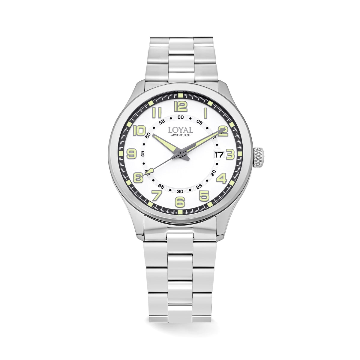 The Loyal Adventurer Field Watch features a white dial with luminous hands and markers, framed by a stainless steel case, reference 05C97MBA1. This 40mm quartz watch pairs a stainless steel bracelet with a single-domed sapphire crystal and 100m water resistance.