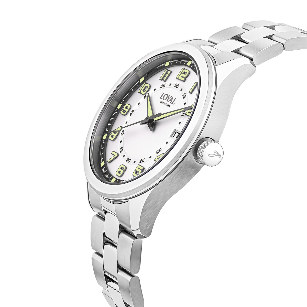 Three-quarter angle view of the Loyal Adventurer Field Watch, reference 05C97MBA1, showing the case profile and stainless steel bracelet construction. The 40mm case and domed crystal are visible from this angle, alongside the bonus NATO strap included with this set.