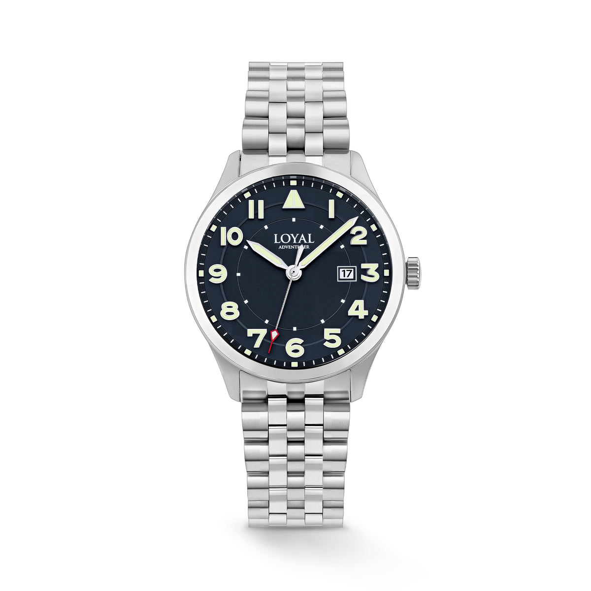 The Loyal Adventurer Pilot Watch features a black dial with luminous hands and markers, framed by a stainless steel case, reference 05C96MB01. This 40mm quartz watch pairs a stainless steel bracelet with a sapphire glass lens and 100m water resistance.