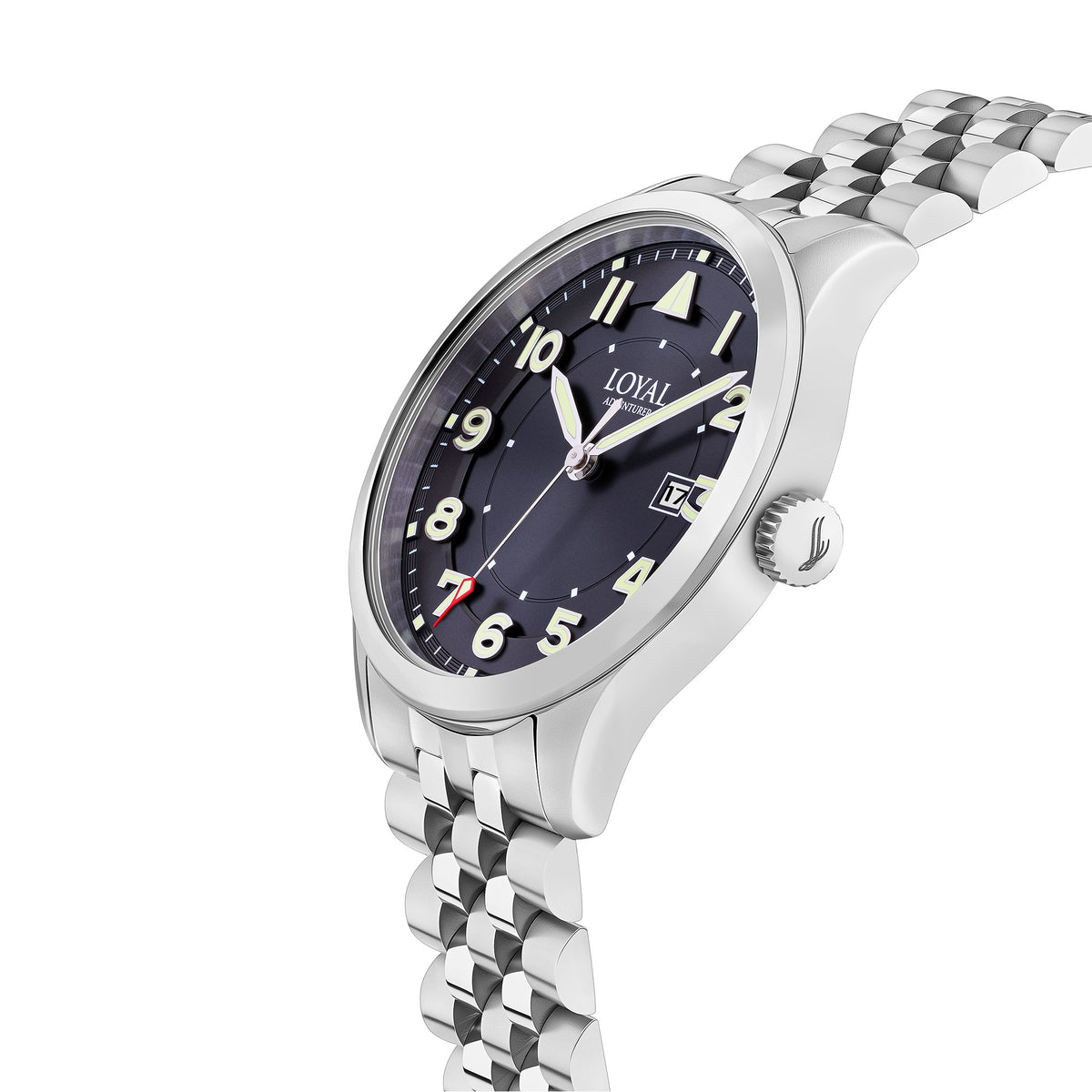 Three-quarter angle view of the Loyal Adventurer Pilot Watch, reference 05C96MB01, showing the case profile and stainless steel bracelet construction. The 40mm case and 12 o'clock orientation triangle are visible from this angle, alongside the bonus black leather strap included with this set.