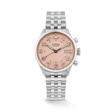 The Loyal Adventurer Pilot Watch features a salmon dial with luminous hands and markers, framed by a stainless steel case, reference 05C96MB01. This 40mm quartz watch pairs a stainless steel bracelet with a sapphire glass lens and 100m water resistance.
