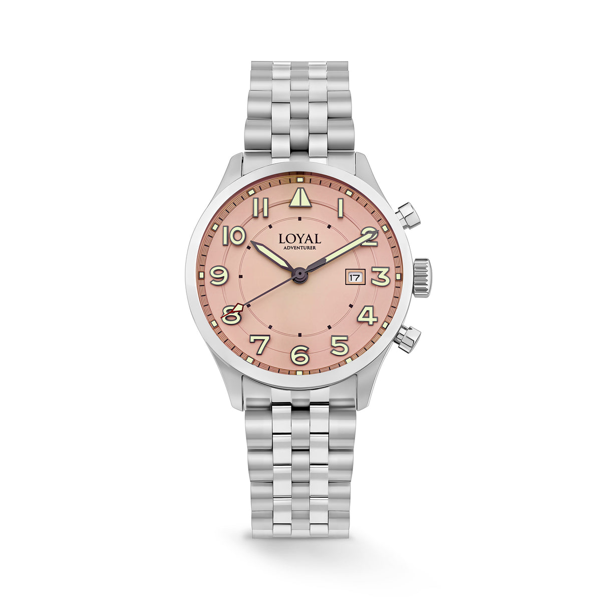 The Loyal Adventurer Pilot Watch features a salmon dial with luminous hands and markers, framed by a stainless steel case, reference 05C96MB01. This 40mm quartz watch pairs a stainless steel bracelet with a sapphire glass lens and 100m water resistance.