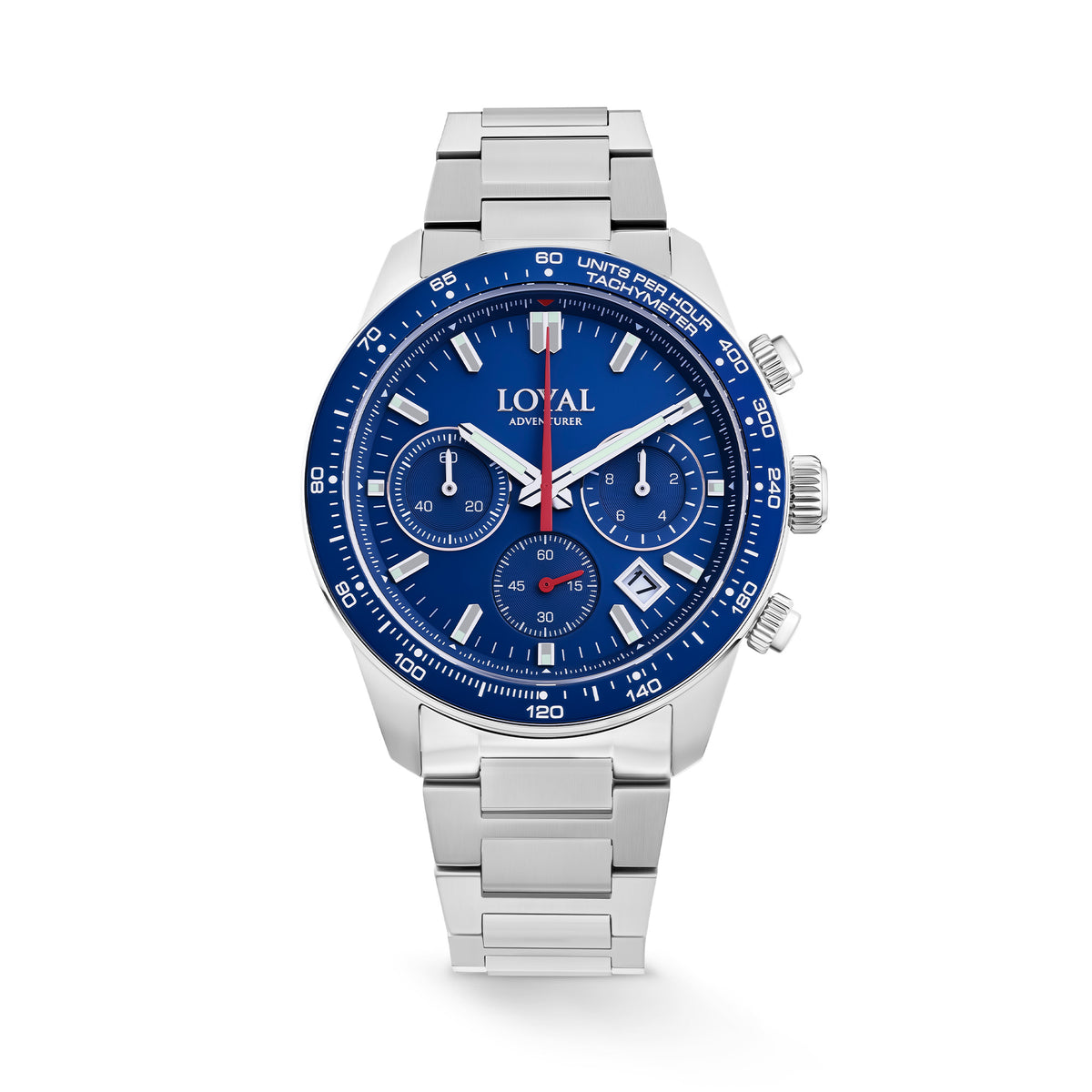 The Loyal Adventurer Chronograph Watch features a blue dial with chronograph sub-dials, framed by a stainless steel case and blue ceramic tachymeter bezel, reference 05D48GB01. This 43mm quartz watch pairs a stainless steel bracelet with a sapphire glass lens and 100m water resistance.