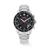 The Loyal Adventurer Chronograph Watch features a black dial with chronograph sub-dials, framed by a stainless steel case and black ceramic tachymeter bezel, reference 05D48GB01. This 43mm quartz watch pairs a stainless steel bracelet with a sapphire glass lens and 100m water resistance.