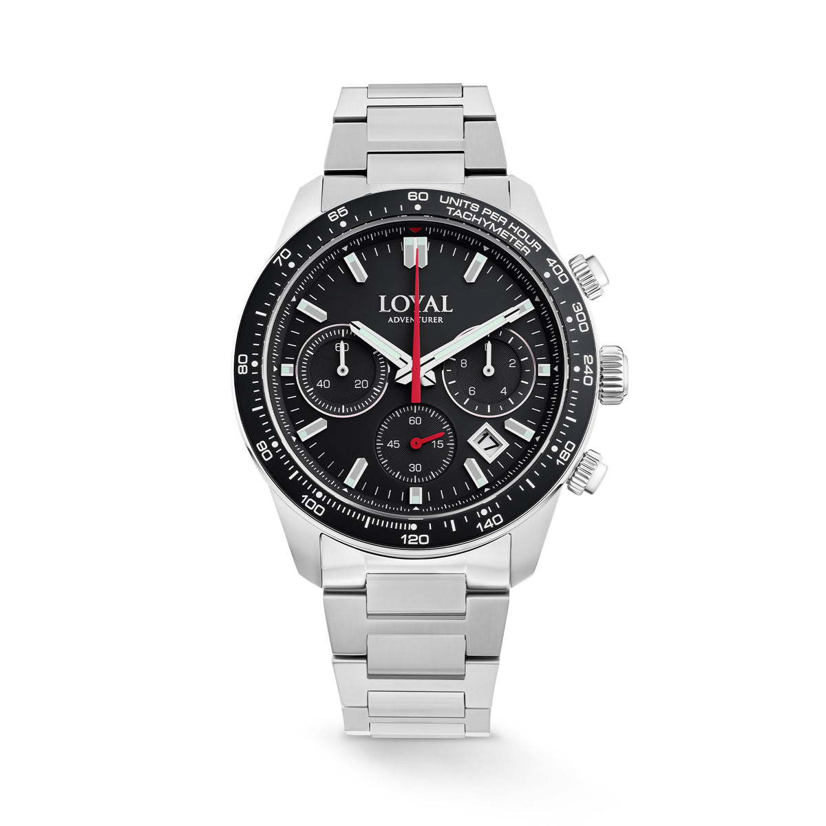The Loyal Adventurer Chronograph Watch features a black dial with chronograph sub-dials, framed by a stainless steel case and black ceramic tachymeter bezel, reference 05D48GB01. This 43mm quartz watch pairs a stainless steel bracelet with a sapphire glass lens and 100m water resistance.