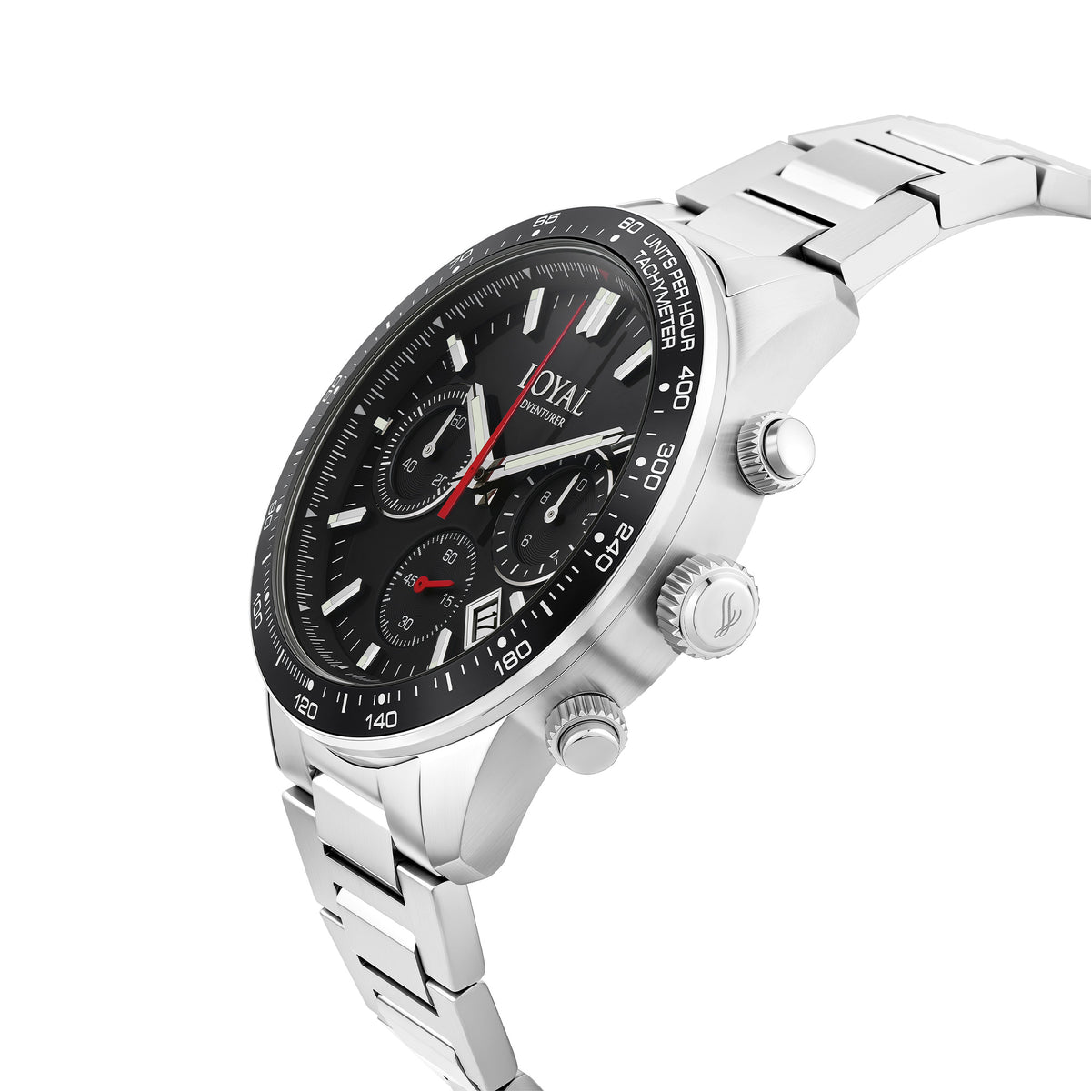Three-quarter angle view of the Loyal Adventurer Chronograph Watch, reference 05D48GB01, showing the black ceramic tachymeter bezel and stainless steel bracelet construction. The 43mm case and chronograph sub-dials are visible from this angle, highlighting the watch's motorsport-inspired design.