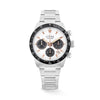 The Loyal Adventurer Panda Dial Chronograph features a white dial with chronograph sub-dials, framed by a stainless steel case and black ceramic tachymeter bezel, reference 05D48GB01. This 43mm quartz watch pairs a stainless steel bracelet with a sapphire glass lens and 100m water resistance.