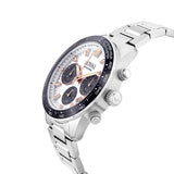 Three-quarter angle view of the Loyal Adventurer Panda Dial Chronograph, reference 05D48GB01, showing the black ceramic tachymeter bezel and stainless steel bracelet construction. The 43mm case and chronograph sub-dials are visible from this angle, highlighting the watch's motorsport-inspired design.
