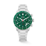 The Loyal Adventurer Green Chronograph Watch features a green dial with chronograph sub-dials, framed by a stainless steel case and green ceramic tachymeter bezel, reference 05D48GB01. This 43mm quartz watch pairs a stainless steel bracelet with a sapphire glass lens and 100m water resistance.