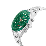 Three-quarter angle view of the Loyal Adventurer Green Chronograph Watch, reference 05D48GB01, showing the green ceramic tachymeter bezel and stainless steel bracelet construction. The 43mm case and chronograph sub-dials are visible from this angle, highlighting the watch's motorsport-inspired design.