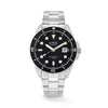 The Loyal Conqueror Steel Watch features a black dial with date function, framed by a stainless steel case and black ceramic bezel, reference 05C93GB01. This 44mm quartz watch pairs a matching bracelet with a sapphire glass lens and 200m water resistance.