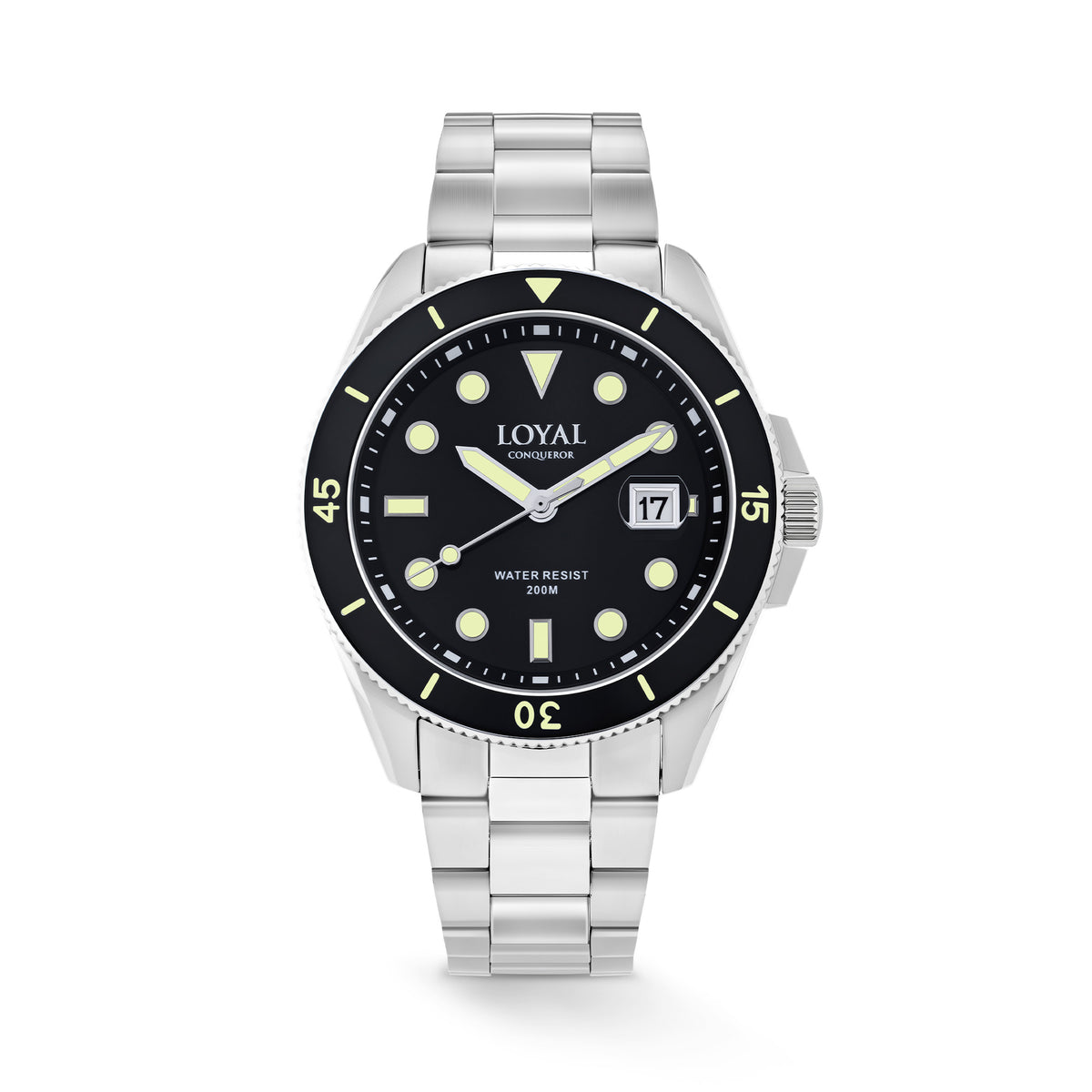 The Loyal Conqueror Steel Watch features a black dial with date function, framed by a stainless steel case and black ceramic bezel, reference 05C93GB01. This 44mm quartz watch pairs a matching bracelet with a sapphire glass lens and 200m water resistance.