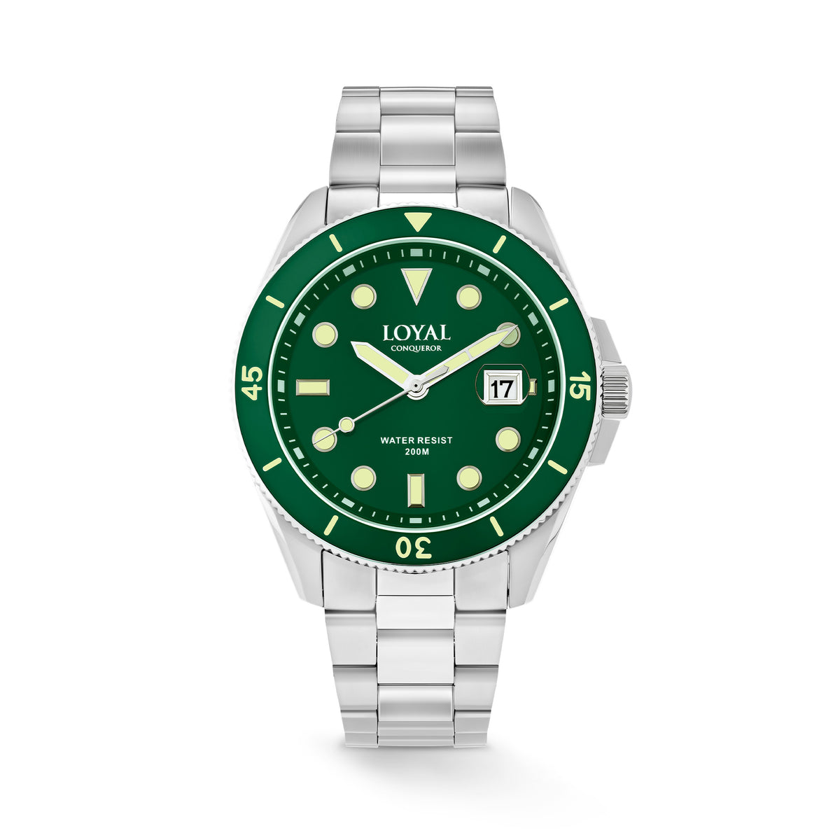 The Loyal Conqueror Steel Watch features a green dial with date function, framed by a stainless steel case and green ceramic bezel, reference 05C93GB01. This 44mm quartz watch pairs a matching bracelet with a sapphire glass lens and 200m water resistance.