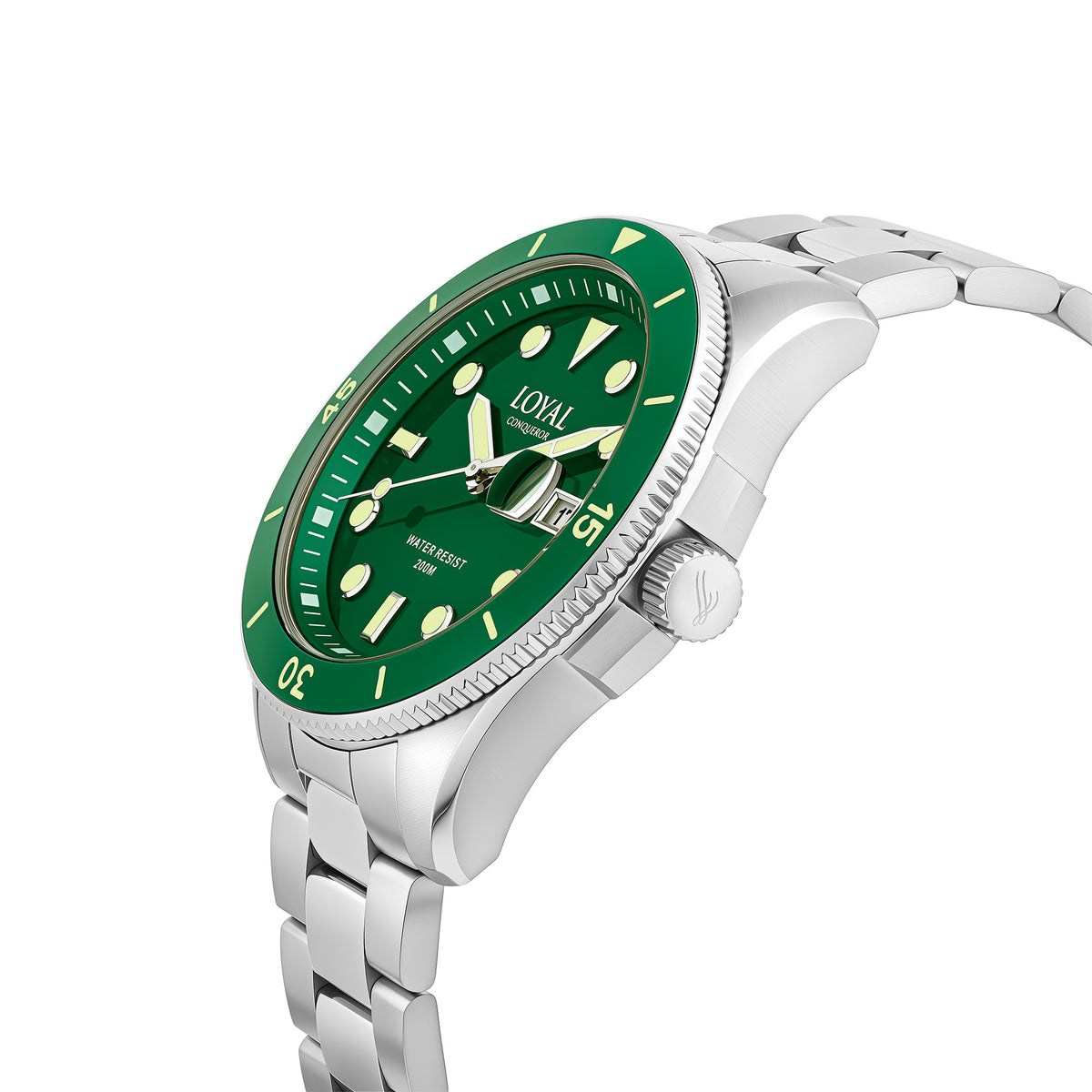 Three-quarter angle view of the Loyal Conqueror Steel Watch, reference 05C93GB01, showing the green ceramic bezel and bracelet construction. The 44mm case makes a substantial, confident statement from this angle, suited to serious daily wear.