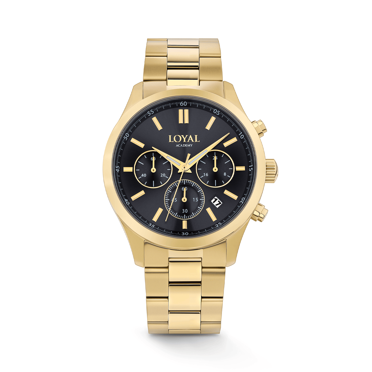 The Loyal Academy Gold PVD Men's Chronograph Watch features a black dial with chronograph sub-dials, reference 03R85MBZ1. This 40mm quartz watch pairs a gold-tone bracelet with a mineral glass lens and 100m water resistance.