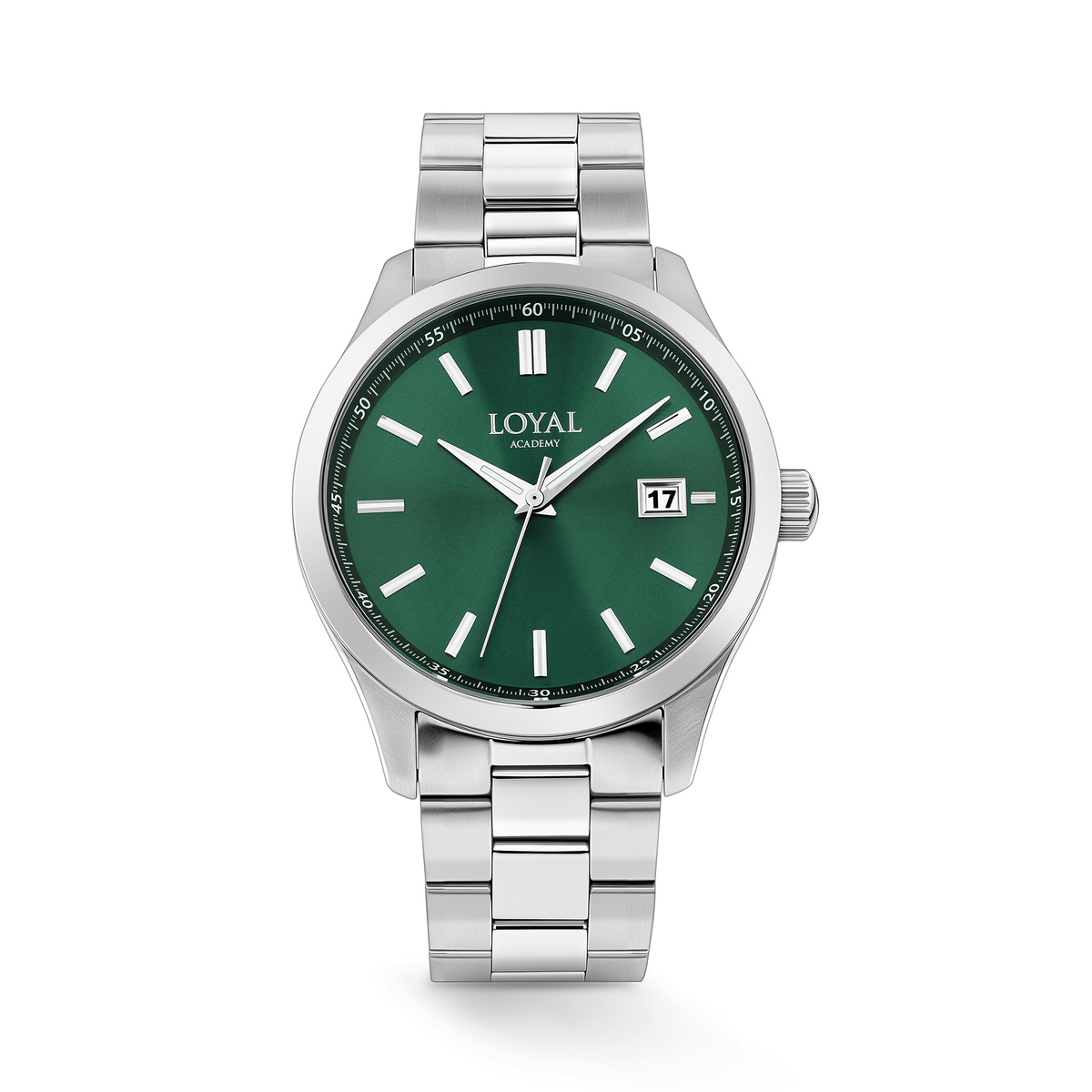The Loyal Academy Steel Watch features a green dial with date function, reference 03R85MBZ2. This 40mm quartz watch pairs a stainless steel bracelet with a mineral glass lens and 100m water resistance.