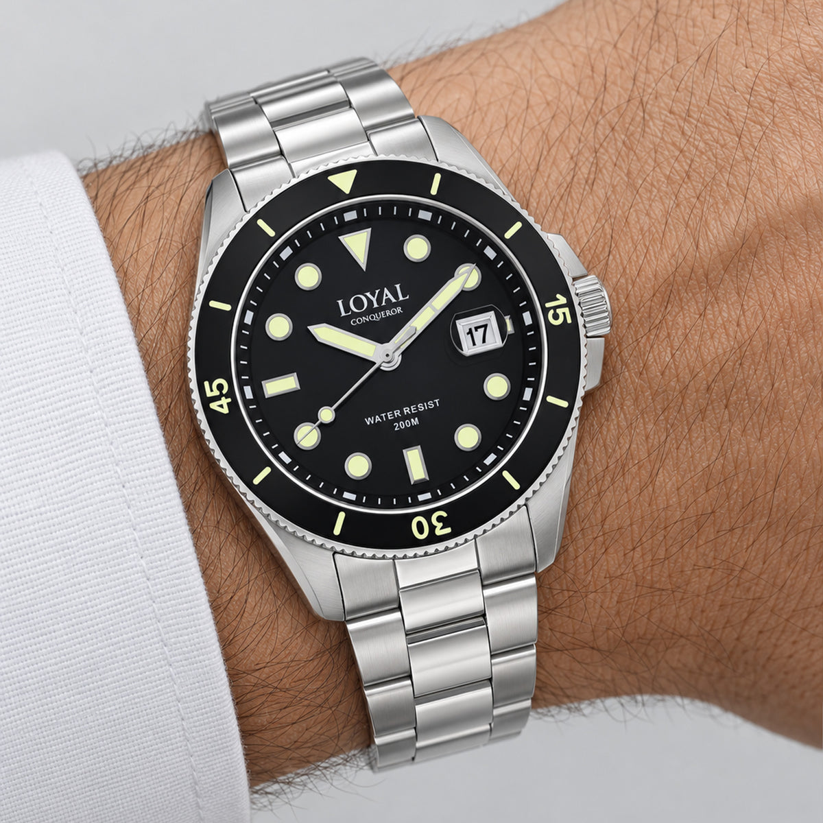 Loyal Conqueror Quartz Men's 44mm Watch 05C93GBA1A - black dial, on wrist