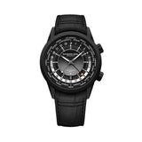 Front view of the Raymond Weil Freelancer GMT Worldtimer Men's 40.5mm Automatic Watch 2765-BKC-20001, showing its gradient black dial with world time city ring and GMT function. The black DLC-coated stainless steel case is paired with a black embossed leather strap.