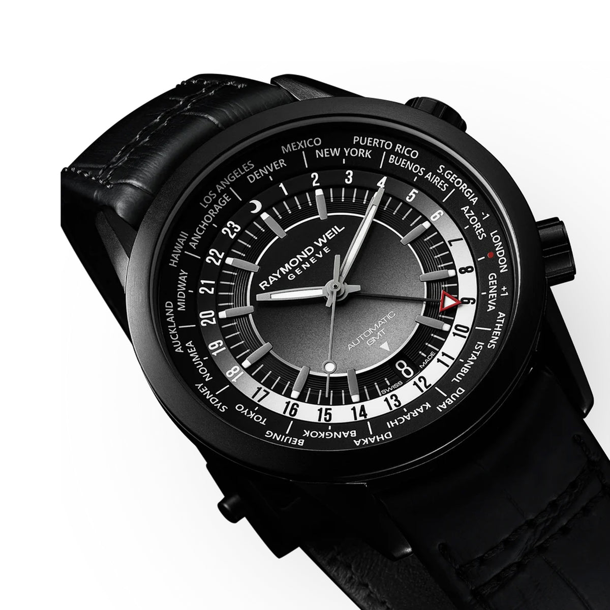 Three-quarter angle view of the Raymond Weil Freelancer GMT Worldtimer Men's 40.5mm Automatic Watch 2765-BKC-20001, showing the case profile and crown. The angle highlights the black DLC finish on the stainless steel case and its slim profile.