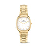 Front view of the Daniel Wellington Cort H-Link Women’s 30mm Quartz Watch DW00100985, showing the gold cushion-shaped case and off-white sunray dial. The polished gold H-link bracelet is shown in full beneath the case.