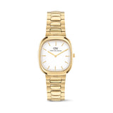 Front view of the Daniel Wellington Cort H-Link Women’s 30mm Quartz Watch DW00100985, showing the gold cushion-shaped case and off-white sunray dial. The polished gold H-link bracelet is shown in full beneath the case.