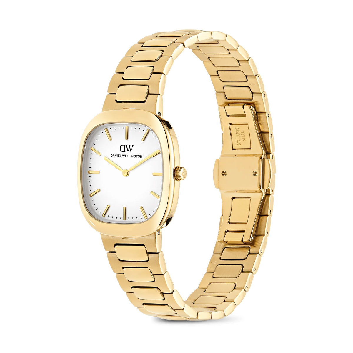Three-quarter angle view of the Daniel Wellington Cort H-Link Women’s 30mm Quartz Watch DW00100985, highlighting the soft square edges of the gold cushion case. The off-white sunray dial and gold H-link bracelet are visible from this angle.