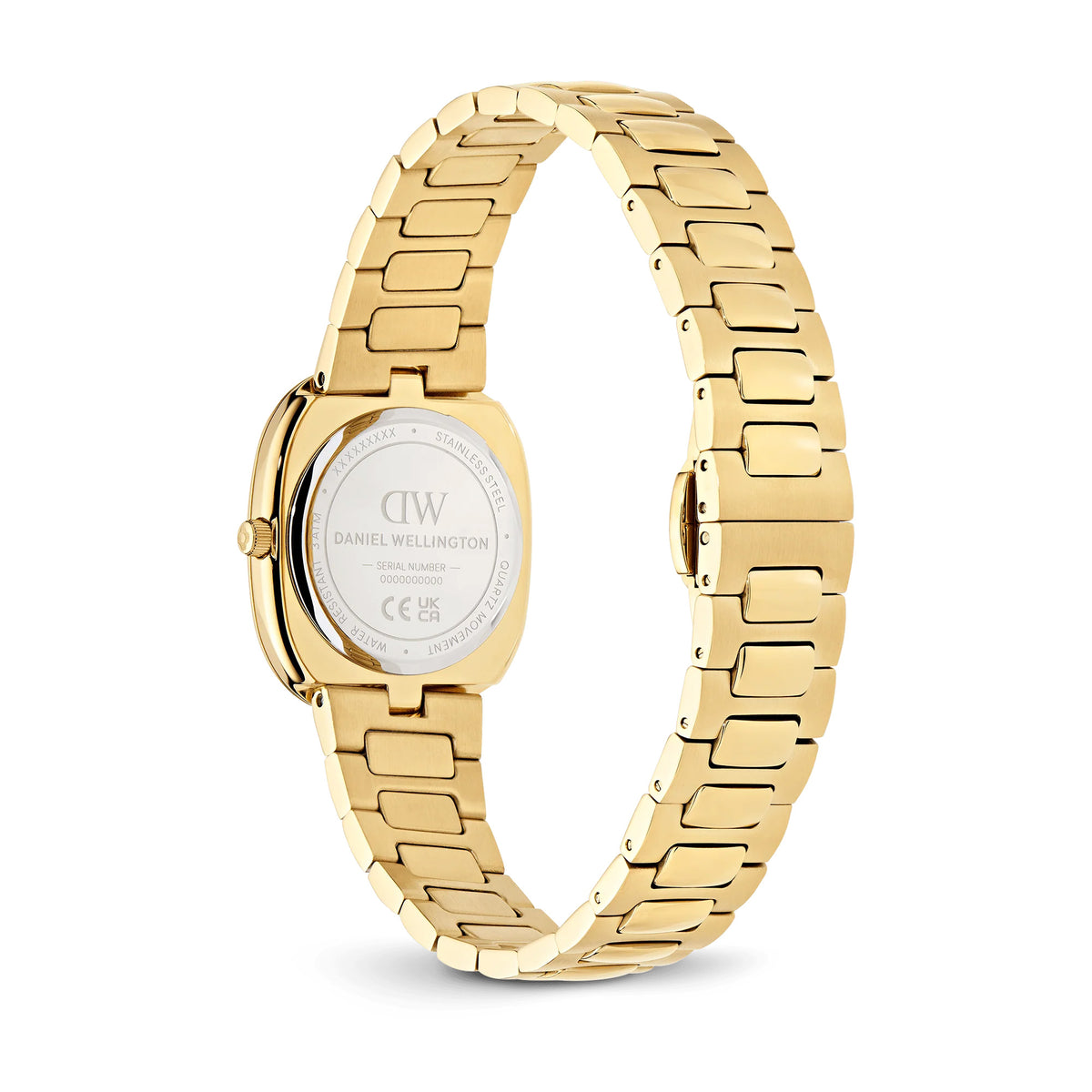 Back of the case on the Daniel Wellington Cort H-Link Women’s 30mm Quartz Watch DW00100985, showing the gold-tone stainless steel case back. The H-link bracelet is visible on either side of the case.