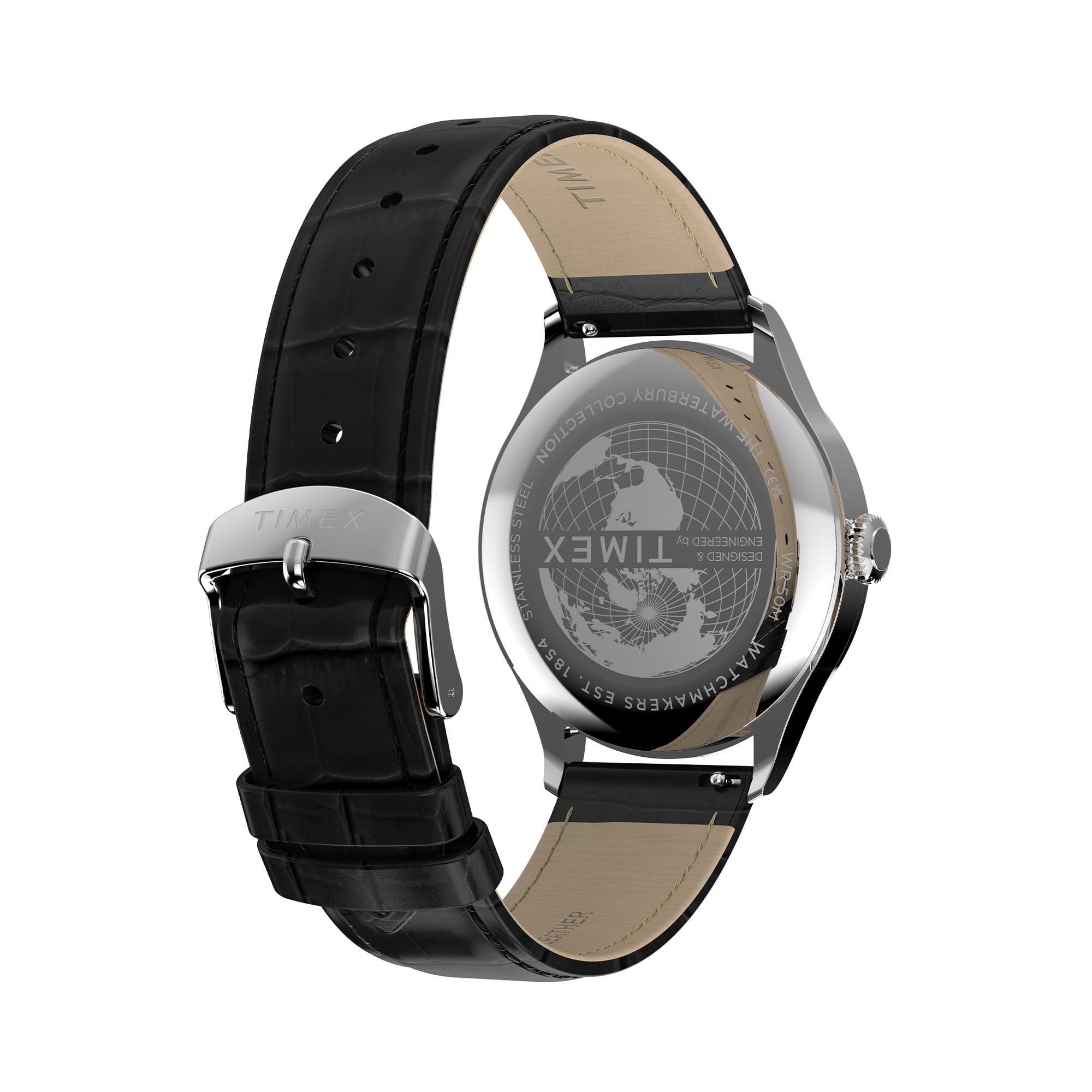 The Timex Waterbury Traditional Quartz 39mm Watch TW2Y92000 features a black leather strap responsibly sourced from the Leather Working Group, finished with a crocodile grain texture and secured with a buckle clasp.