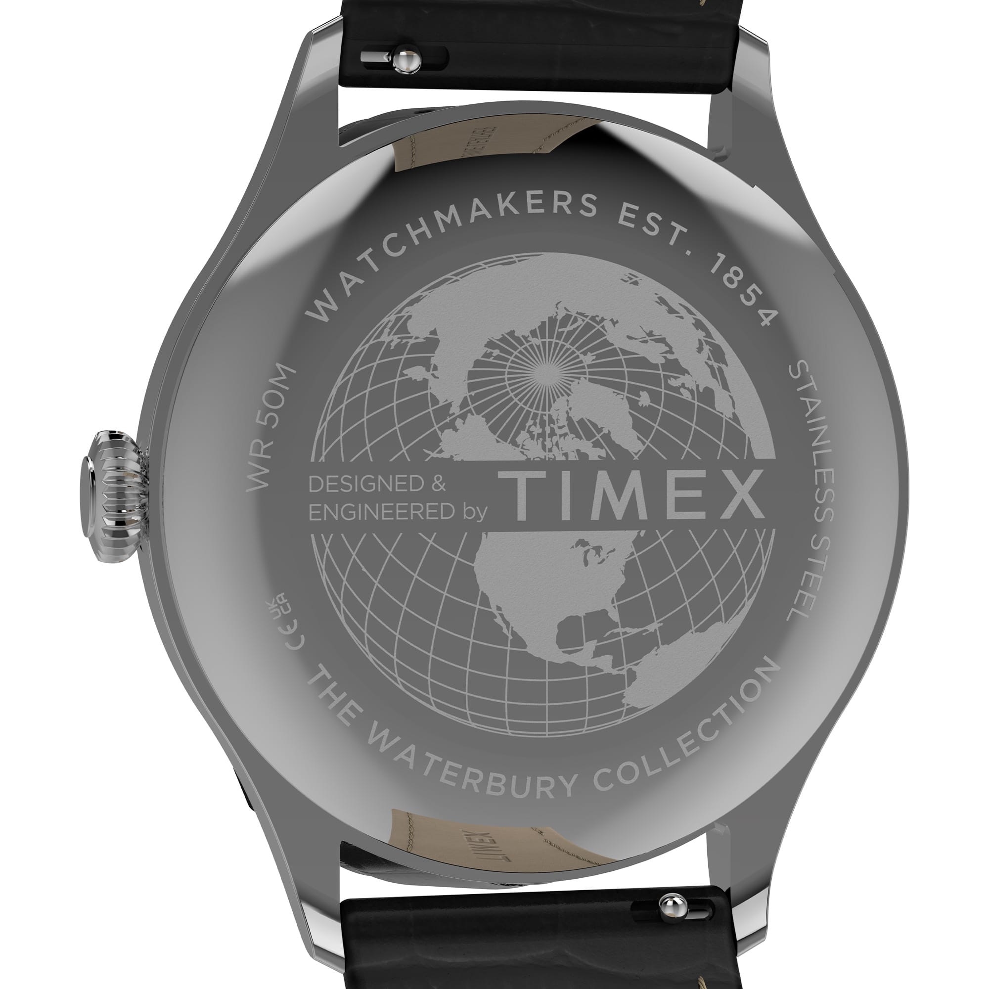Close-up of the back of a Timex watch with a stainless steel case and black leather strap, showing engraved text and a globe design on the case.