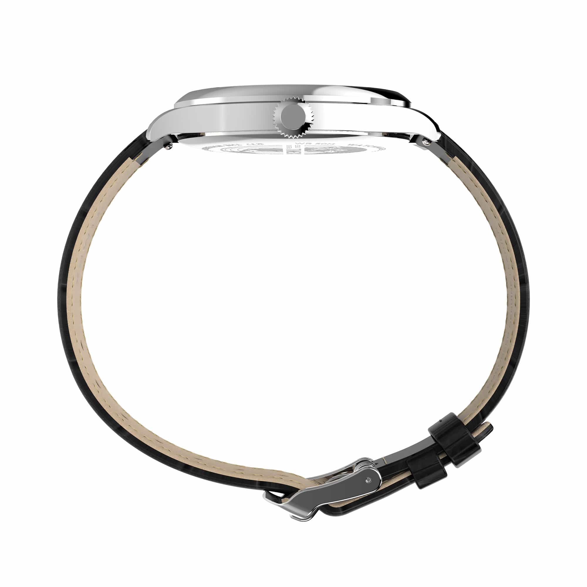 The Timex Waterbury Traditional Quartz 39mm Watch TW2Y92000 shows off its polished stainless steel case with a slightly domed mineral glass crystal. The case's clean profile suits both formal and casual dressing.
