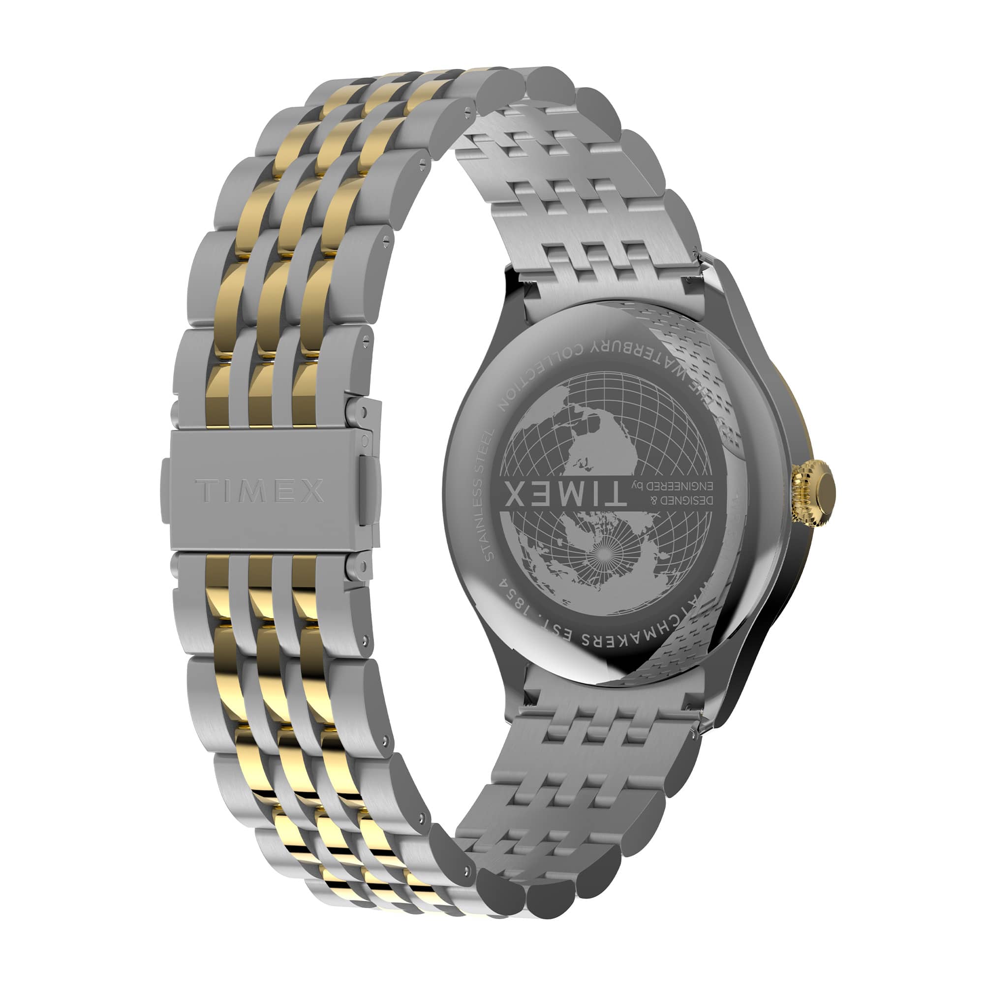The Timex Waterbury Traditional Quartz 39mm Watch TW2Y91900 features a brushed and polished two-tone stainless steel bracelet, secured with a deployant clasp for a comfortable, secure fit.