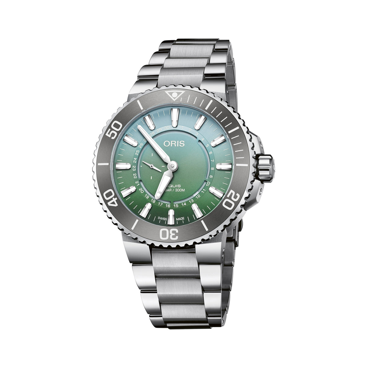 Oris Aquis Dat Watt Limited Edition II Men’s Automatic 43.50mm Watch 743 7734 4197-SET, green dial with small seconds and circular date on a stainless steel bracelet.