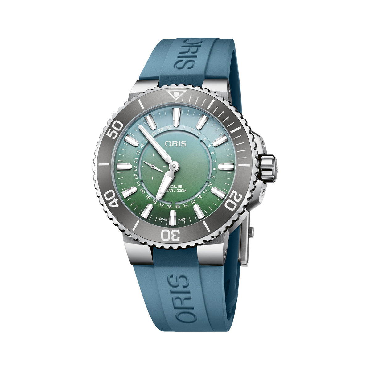 Oris Aquis Dat Watt Limited Edition II Men’s Automatic 43.50mm Watch 743 7734 4197-SET shown with the included blue rubber strap and strap change tool.