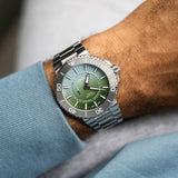 Oris Aquis Dat Watt Limited Edition II Men’s Automatic 43.50mm Watch 743 7734 4197-SET worn on the wrist with the stainless steel bracelet.