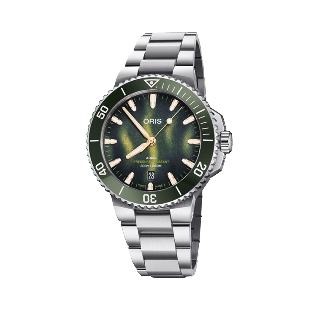 Oris Kelp Forest Aquis Limited Edition 41.50mm Men’s Automatic Watch 733 7787 4187SET — Green 3D-textured kelp dial with golden indices on a stainless steel bracelet.